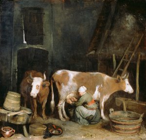 Une servante trayant une vache dans une grange